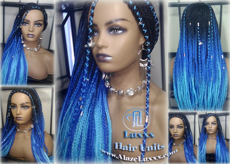 Cornrow Black Blue Ombre Lemonade Braid Wig French Braids Feed in Braids Box Braids Mermaid Unicorn Rainbow Hair