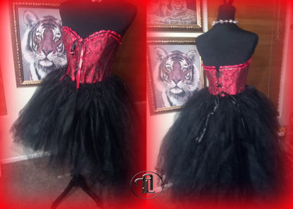Red Dress Tulle Mesh Skirt Corset Outfit Red Black Hi Low Layered Skirt Prom Anniversary Sweet 16  Sexy Bodycon Costume Adult Birthday