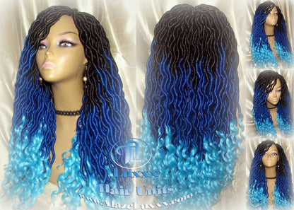 Goddess Faux Locs Blue Ombre curly long wig synthetic dreads crochet braids Mermaid Hair Drag Queen Cosplay Wig Carnival Festival Hair