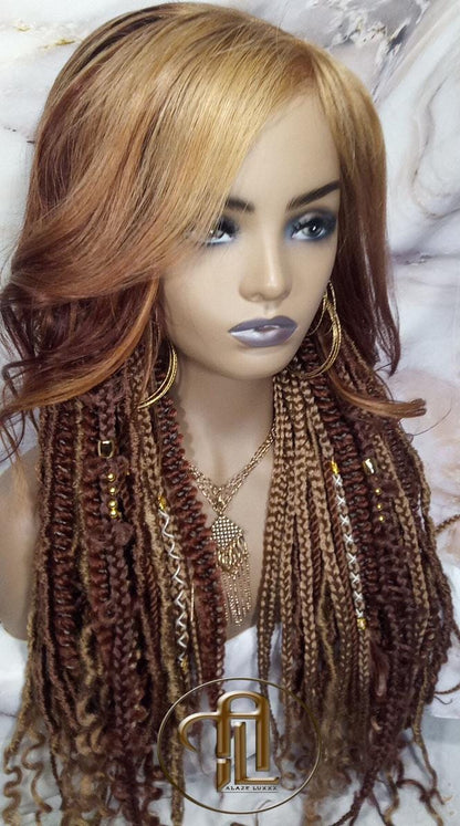 Human Hair Lace Frontal Dread Braid Twist Boho Synthetic Side Part Bohemian Ombre Brown Blonde Long Wavy Curly Balayage Wig