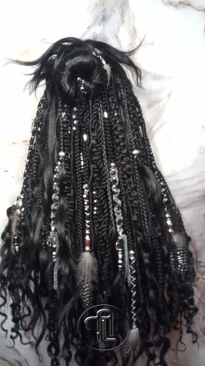 Black Full Wig Dread Braid Bangs Twist Soft Crochet Boho Synthetic Dread Braid Bohemian Black Long Wavy Curly Textured Dreads Silver Decor