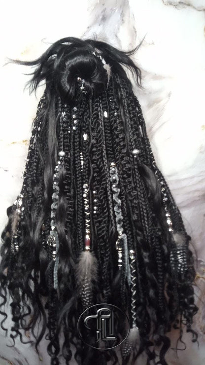 Black Full Wig Dread Braid Bangs Twist Soft Crochet Boho Synthetic Dread Braid Bohemian Black Long Wavy Curly Textured Dreads Silver Decor
