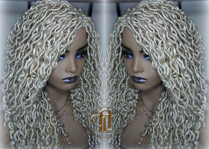 613 Blonde Goddess Faux Locs 14in Short Braid Wig Platinum White Blonde Marley Dred Lock Wig Gypsy Bohemian Boho Lace Part