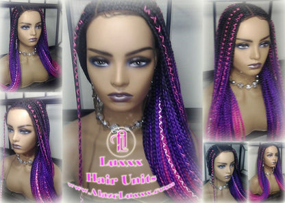 Cornrow Black Purple Pink Ombre Lemonade Braid Wig Lace Closure Baby Hair Box Braids Mermaid Unicorn Rainbow Hair