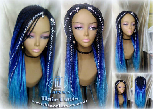 Senegalese Twist Blue Ombre  Braid Wig Unicorn Mermaid Small Long Micro Braids Royal Baby Sky Blue  Wig Sale Alopecia Blue Braids