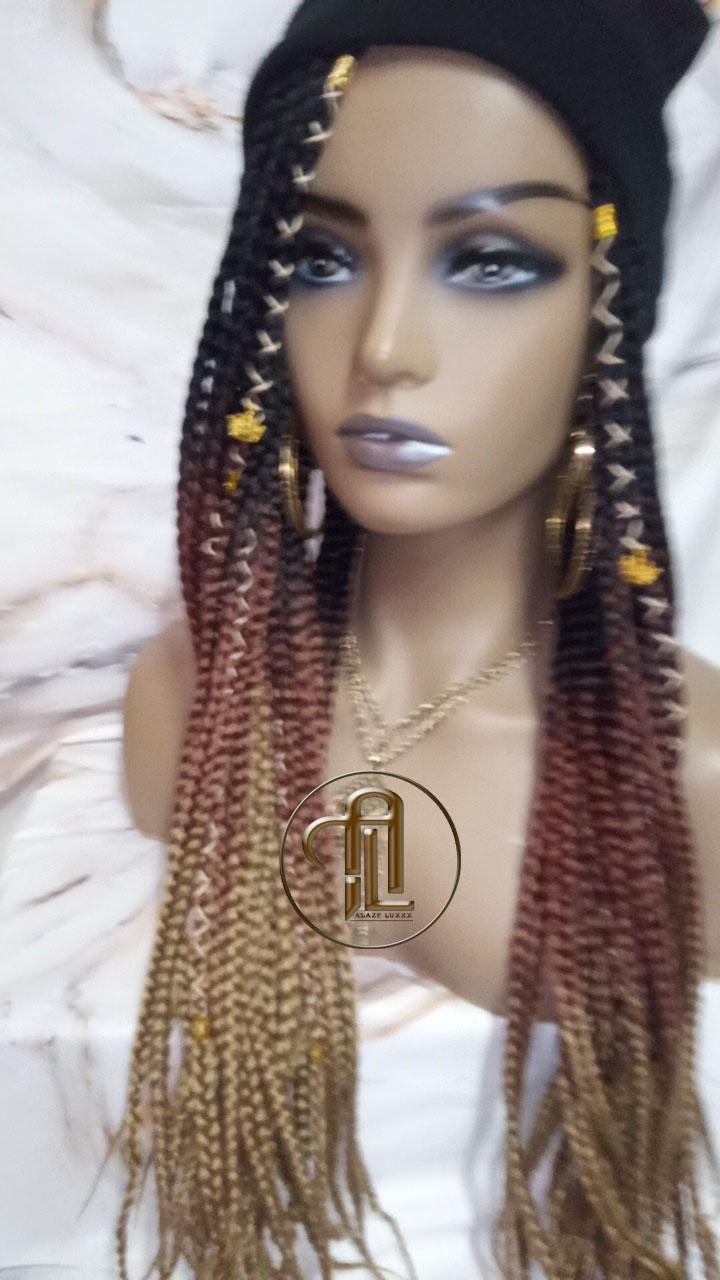 Beanie Hat Black Brown Blonde Ombre Box Braid Boho Style Long Hat Beanie Braided Hat Winter fall fashion Cap Wig Hat Chemo Hat Alopecia