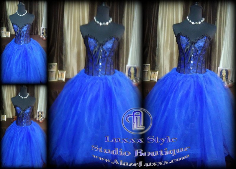 Blue Black Floral Corset Tulle Dress Skirt Wedding Prom Party Dress Burlesque Homecoming Cosplay EDC RAVE Festival TuTu Quinceanera Sweet16