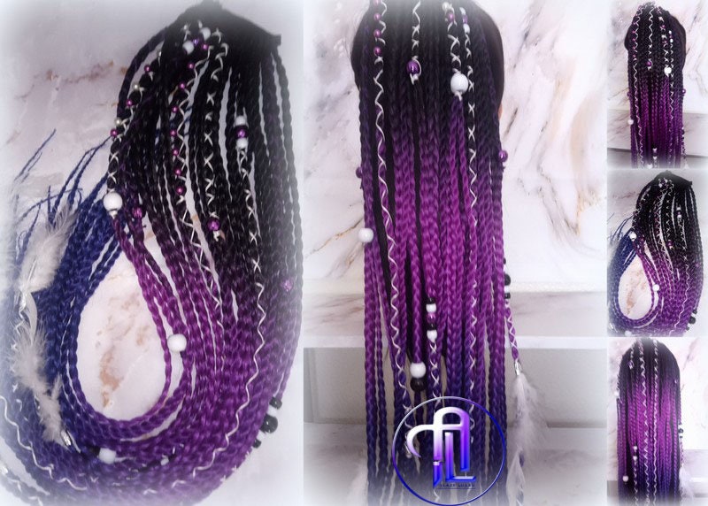 Black Purple Blue Ombre Braids Extension on Hairband Hair Tie Rave Dread Ponytail Boho Hair Falls RenaissanceAccents Feathers synthetic