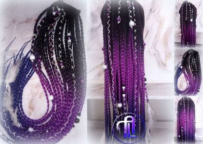 Black Purple Blue Ombre Braids Extension on Hairband Hair Tie Rave Dread Ponytail Boho Hair Falls RenaissanceAccents Feathers synthetic
