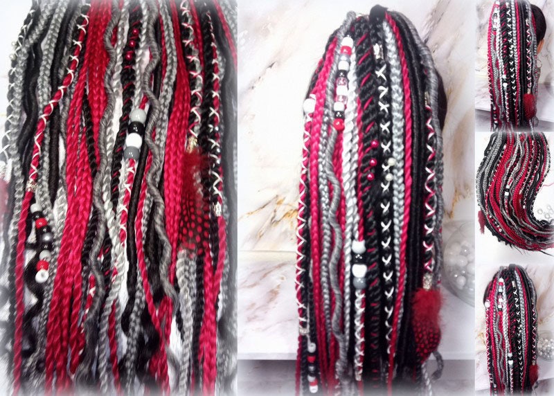 Ponytail Hair Fall Viking Extensions Black Red Elements Accents Feathers synthetic box braids renaissance hair scrunchie kawaii dreadlock