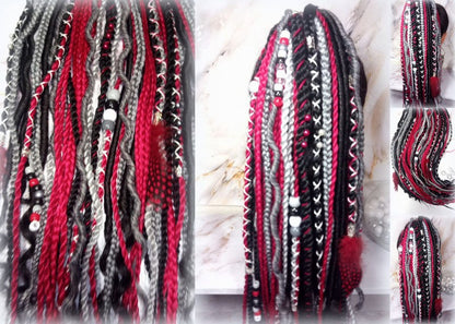 Ponytail Hair Fall Viking Extensions Black Red Elements Accents Feathers synthetic box braids renaissance hair scrunchie kawaii dreadlock