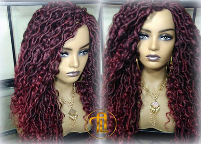 Red 530 Black Mix Goddess Faux Loc Curly Boho Braided Wig Gypsy Bohemian Boho Dread DE SE Dred Lock Hair wig Ready to ship