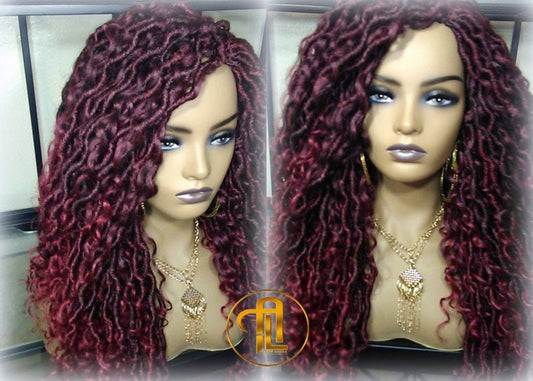 Red 530 Black Mix Goddess Faux Loc Curly Boho Braided Wig Gypsy Bohemian Boho Dread DE SE Dred Lock Hair wig Ready to ship