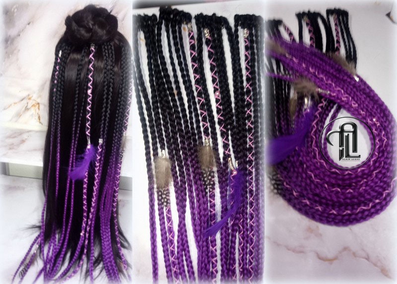 Black Purple Ombre Clip in Braid Long 24 in Boho Extensions Ombre Purple Box braiding hair Rave Festival Feathers Elements