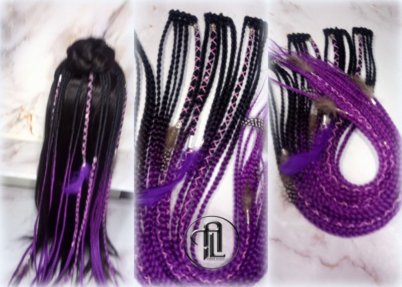 Black Purple Ombre Clip in Braid Long 24 in Boho Extensions Ombre Purple Box braiding hair Rave Festival Feathers Elements
