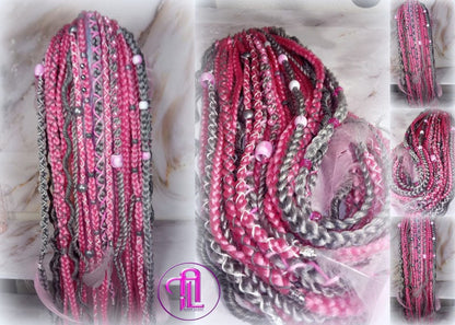 Pink Grey Silver Ponytail Hair Fall Extensions Elements Accents Feathers synthetic box braids hair scrunchie clip in Clip on Braids