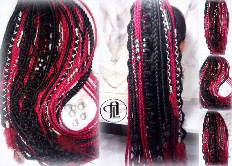 Red Rave Ponytail Hair Fall Viking Extensions Black Red Elements Accents Feathers synthetic box braids hair scrunchie Cosplay Anime