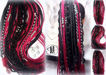 Red Rave Ponytail Hair Fall Viking Extensions Black Red Elements Accents Feathers synthetic box braids hair scrunchie Cosplay Anime