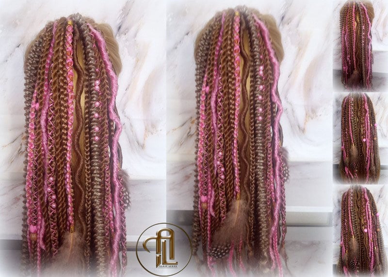 Ponytail Hair Fall Extensions Honey Blonde Pink Ombre Elements Accents Feathers synthetic box braids hair scrunchie clip in Clip on Braids