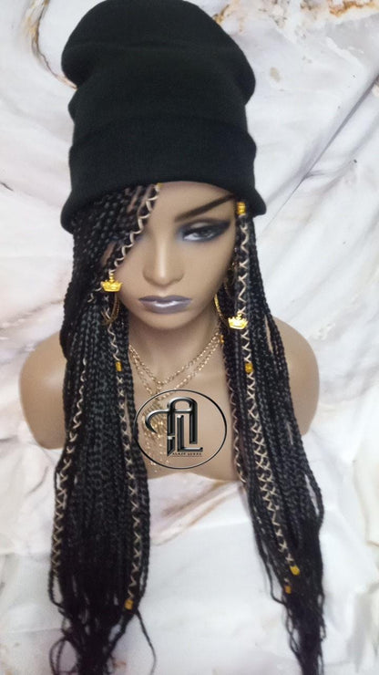 Beanie Hat Black Box Braid Boho Style Long Hat Beanie Braided Hat Winter fall fashion Cap Wig Hat Chemo Hat Alopecia Gold Accents Charms