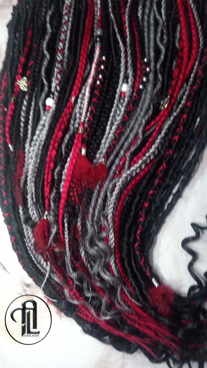 Red Black Silver Single Ended SE Set Kit  Soft Crochet Boho Dread Braid Hair Wrap Extensions Textured EDC EDM Hair Outfit Single Loop Dread