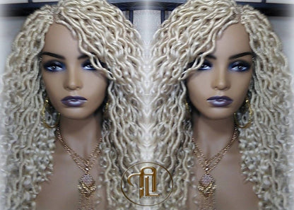 613 Blonde Goddess Faux Locs 14in Short Braid Wig Platinum White Blonde Marley Dred Lock Wig Gypsy Bohemian Boho Lace Part
