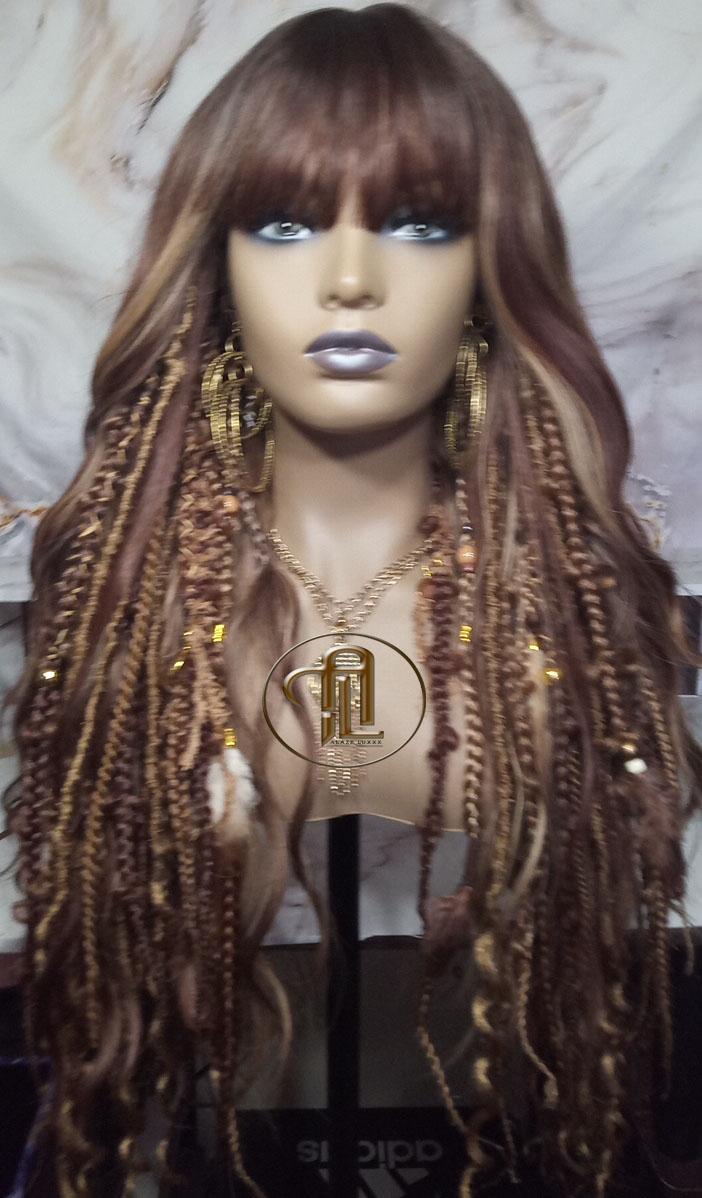 Dread Braid Full Wig Bangs Twist Soft Crochet Boho Synthetic Bohemian Dark Root Ombre Brown Blonde Long Wavy Curly Balayage Wig