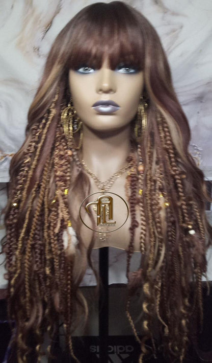 Dread Braid Full Wig Bangs Twist Soft Crochet Boho Synthetic Bohemian Dark Root Ombre Brown Blonde Long Wavy Curly Balayage Wig