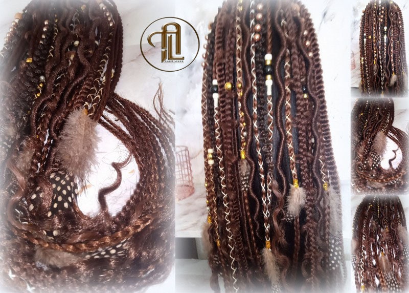 Brown Braids Extension on Hairband Hair Tie, Goddess Dreadlocks On Elastic Band Synthetic Dreads Ponytail Boho Hair Falls Renaissance