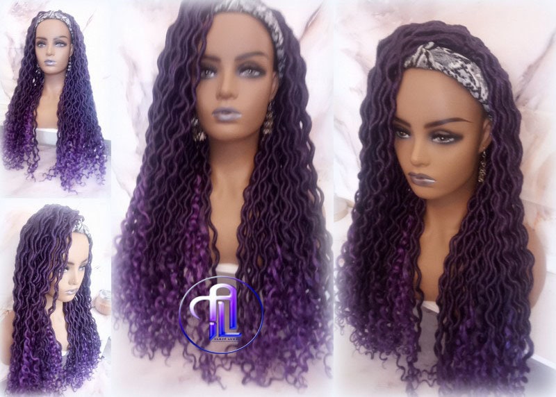 Headband Wig Viking Ombre Goddess Boho Locs  Black Purple Faux Locs Crochet Synthetic Dread Curly Ends Braided Hair Fall