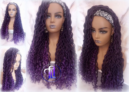 Headband Wig Viking Ombre Goddess Boho Locs  Black Purple Faux Locs Crochet Synthetic Dread Curly Ends Braided Hair Fall