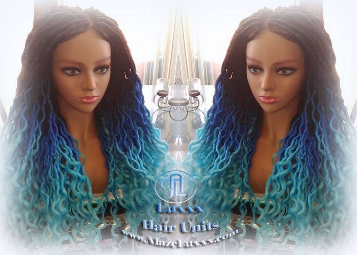 Blue Ombre Goddess Faux Locs Lace Closure w Baby Hairs Faux Loc Wig 4x4 Wig Mermaid curly long rainbow boho bohemian braids wig