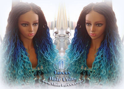 Blue Ombre Goddess Faux Locs Lace Closure w Baby Hairs Faux Loc Wig 4x4 Wig Mermaid curly long rainbow boho bohemian braids wig