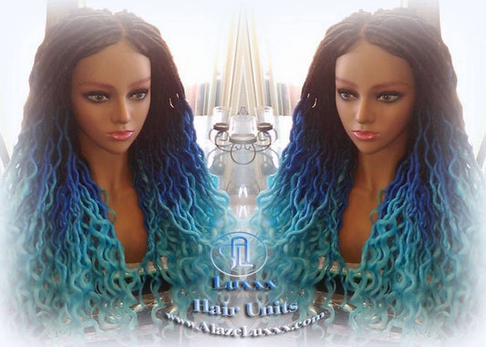 Blue Ombre Goddess Faux Locs Lace Closure w Baby Hairs Faux Loc Wig 4x4 Wig Mermaid curly long rainbow boho bohemian braids wig