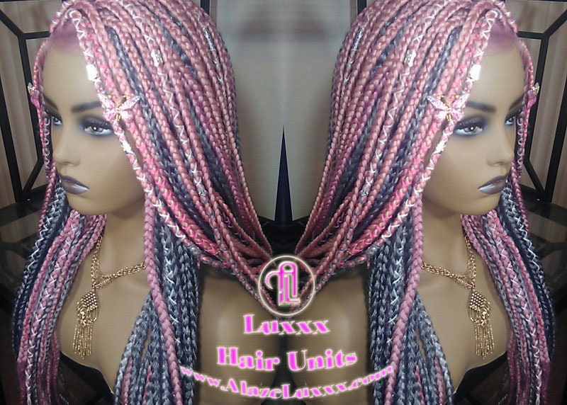 Pink Grey Mermaid Wig Box Braids braided Synthetic hair Lace Baby hair Light Pink wig pink extensions stage hair gypsy Boho Butterfly