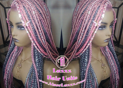 Pink Grey Mermaid Wig Box Braids braided Synthetic hair Lace Baby hair Light Pink wig pink extensions stage hair gypsy Boho Butterfly