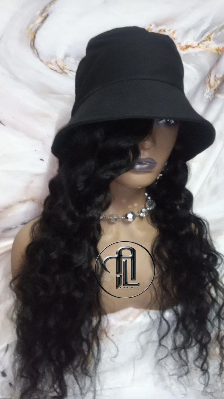 Bucket Hat Deep Wave Human Hair Black Wavy Hair Alopecia Chemo Hair Thinning Fisherman Hat Long Human Hair protective style Easy to wear