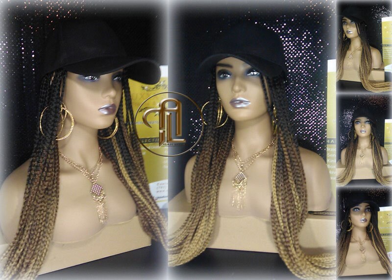 Brown Blonde Ombre Box Braid Hat Wig  Gym Hat Baseball Cap  Braided Hat Wig Women Hair Summer Winter Hat Hair Cap Wig Hat Chemo Hat Alopecia
