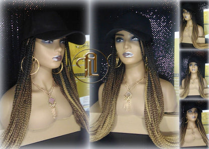 Brown Blonde Ombre Box Braid Hat Wig  Gym Hat Baseball Cap  Braided Hat Wig Women Hair Summer Winter Hat Hair Cap Wig Hat Chemo Hat Alopecia