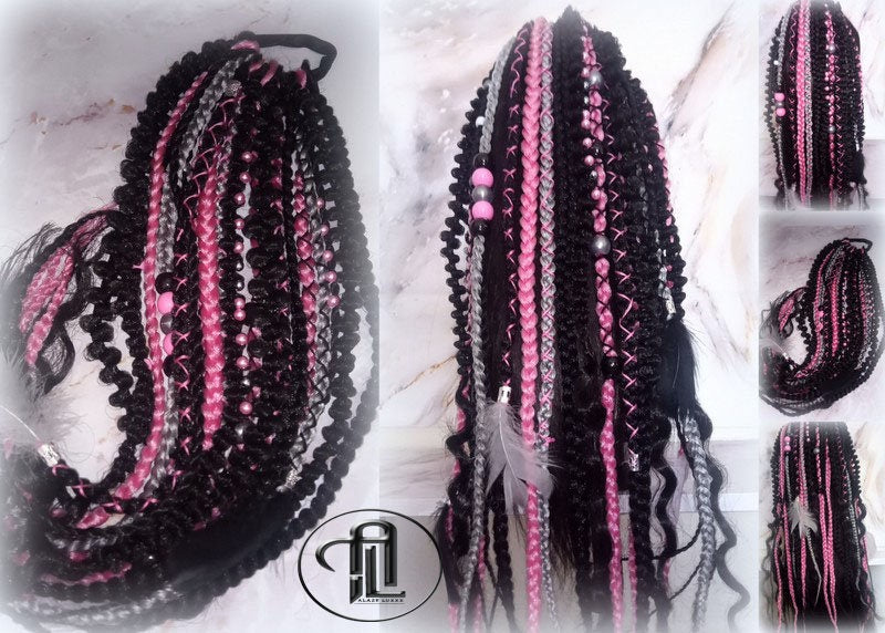 Ponytail Hair Fall Extensions Black Pink Grey Ombre Elements Accents Feathers synthetic box braids hair scrunchie clip in Clip on Braids