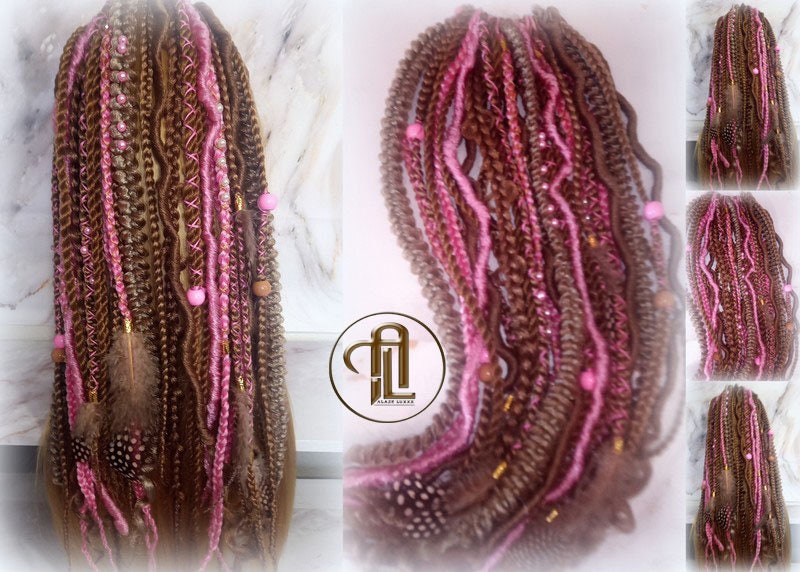 Ponytail Hair Fall Extensions Honey Blonde Pink Ombre Elements Accents Feathers synthetic box braids hair scrunchie clip in Clip on Braids