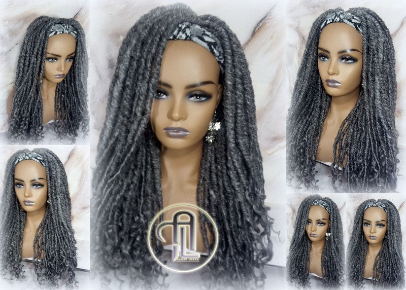 Headband Wig Fluffy Goddess Faux Dread Locs Salt N Pepper 44 51 Gypsy Boho Silver Grey Gray Platinum Storm Wig Unit Wavy Ready to Ship