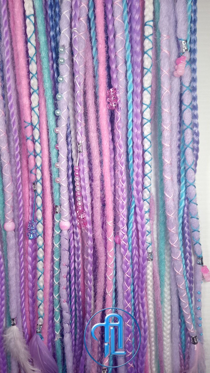 Purple Unicorn Cotton Candy Single Ended SE Set Crochet Boho Dread Braid Extensions Kawaii Festival Hair Teddy Bear Charms Hair Pink Blue