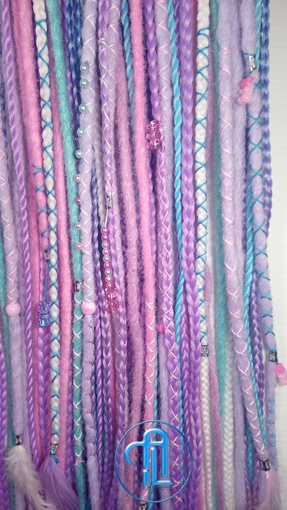 Purple Unicorn Cotton Candy Single Ended SE Set Crochet Boho Dread Braid Extensions Kawaii Festival Hair Teddy Bear Charms Hair Pink Blue