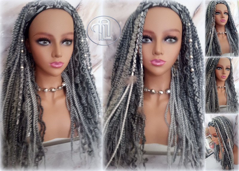Headband Wig Silver Grey 44 51 Braids Dreads Mix Set Twist Soft Crochet Boho Dread Braid Set Bohemian extensions