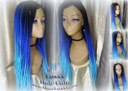 Box Braids Wig  Blue Ombre Straight long wig Small Medium royal sky baby blue Mermaid Hair Drag Queen Cosplay Wig Carnival Festival Hair