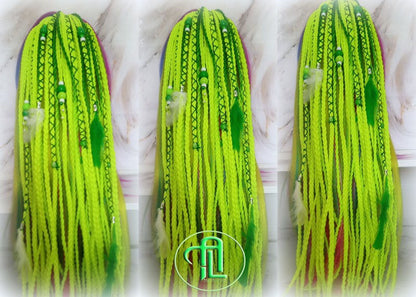 Ponytail Hair Fall Extensions Green Florescent Ombre Elements Accents Feathers synthetic box braids hair scrunchie clip in Clip on Braids
