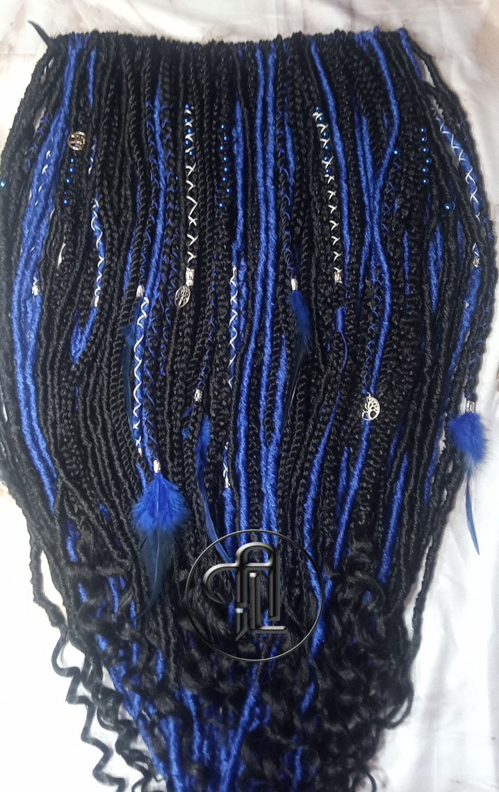 Blue Black SE Synthetic Dreads Braids Locs Mix Gray Blue Crochet Full Set Single Ended Dreadlock Extensions Dreadlocks Fake Faux Locs Witchy
