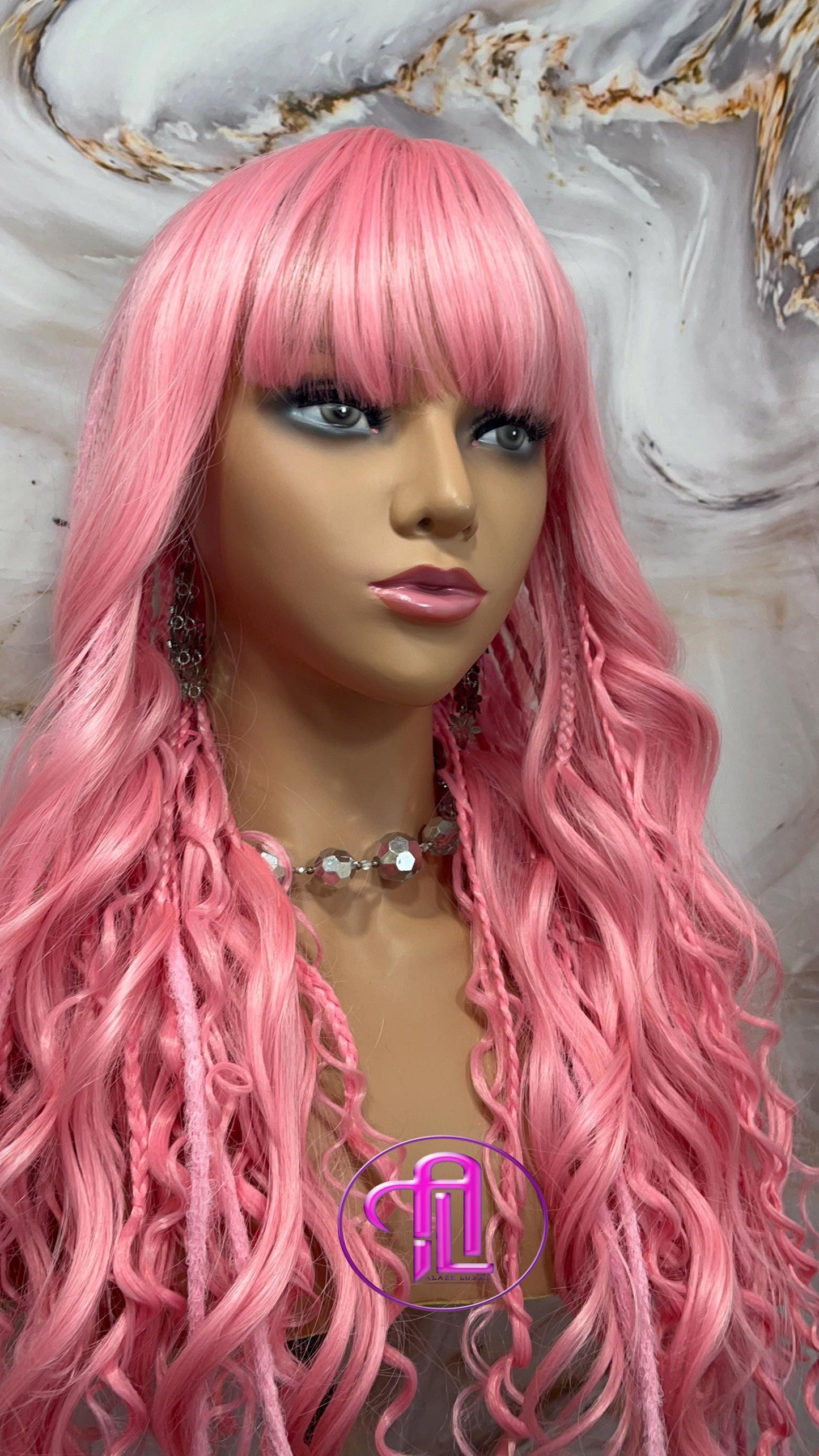 Pink Dread Braid Wig With Bangs – Long Synthetic Boho Glam Wig Chain Snake Goddess Loc Braid Wavy Curly