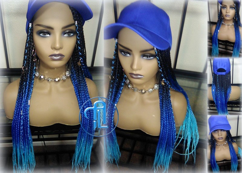 Blue Ombre Box Braid Hat Wig  Gym Hat Baseball Cap  Braided Hat Wig Women’s Hair Summer Hat Winter Hat Hair Cap Wig Hat Chemo Hat Alopecia